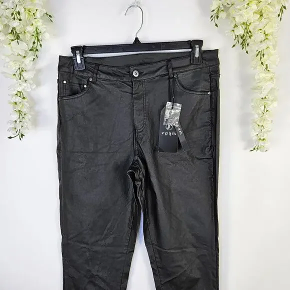 New SPYM Black Vegan Leather Coated Skinny Pant Size 42 10 12 Grunge Rocker Moto - Picture 3 of 10